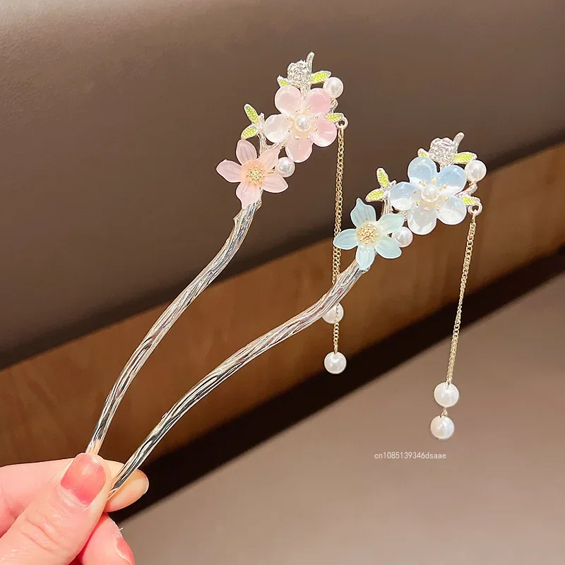 New Vintage Chinese Women's Hair Stick Metal Glaze Flowers Hair Chopsticks Ladies Imitation Pearl Jewelry Hair Accessories