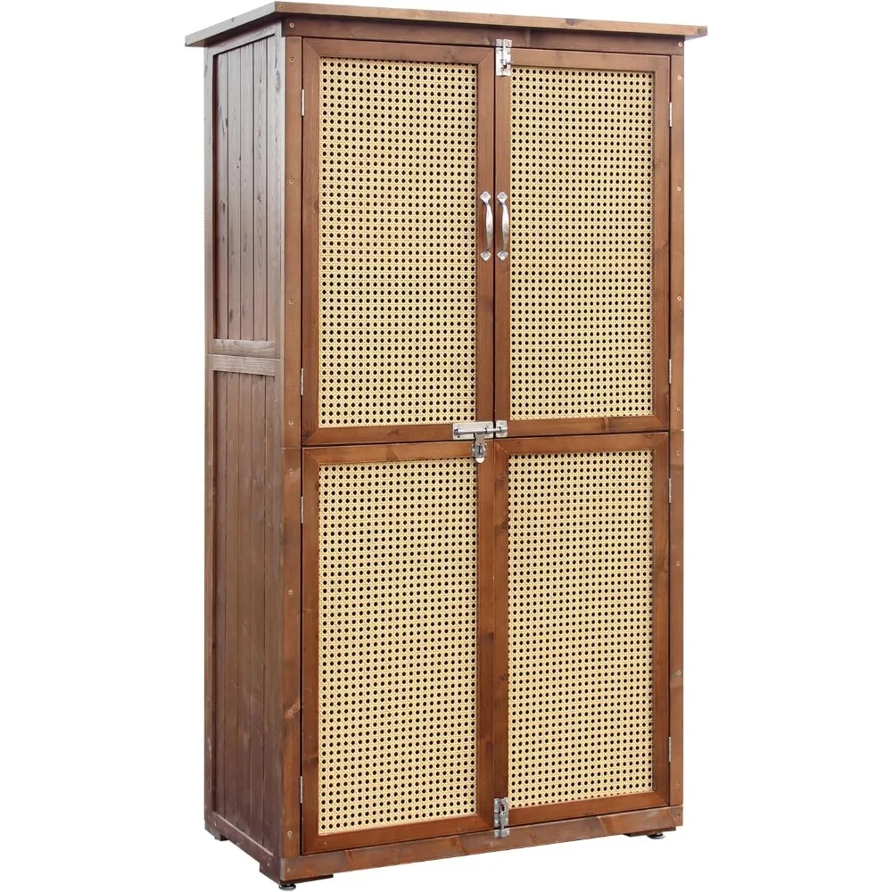 

60 Inches Outdoor Storage Shed, Wood Shed with Rattan Indoor Storage Cabinet with Floor, Adjustable Shelves for Patio, Garden