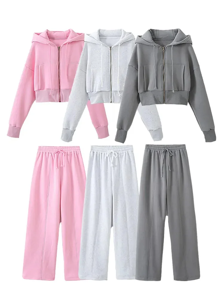 HH TRAF Spring Women Solid Full Zip Up Hoodie Set Casual Crop Hooded Sweatshirts Female Fashion Elastic Waist Wide Leg Pants