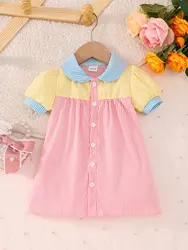 Summer Baby Girl Cute Sweet Breathable Comfortable Casual Dress Shirt Collar Patchwork Patchwork Lantern Sleeve