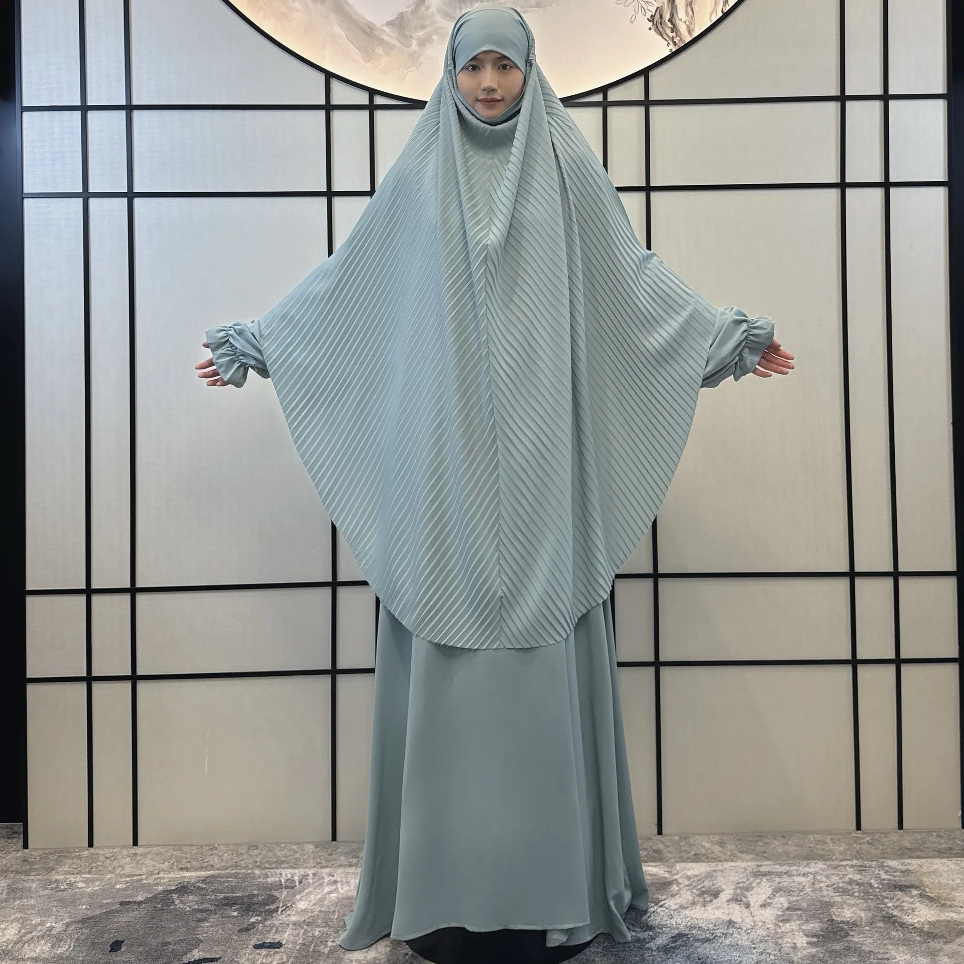 Ramadan Eid Hooded Abaya Jalabiya 2 Piece Set Muslim Prayer Garment Kaftan for Women Long Khimar Hijab Dress Islamic Niqab Burka