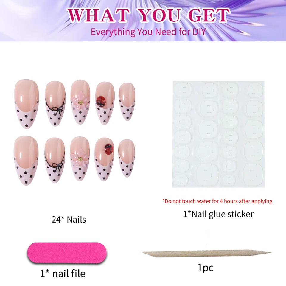 Set de 24pcs uñas press-on cortas ovaladas con flores 3D de gel, mariquitas y diseño de lunares, punta francesa acrílica 5