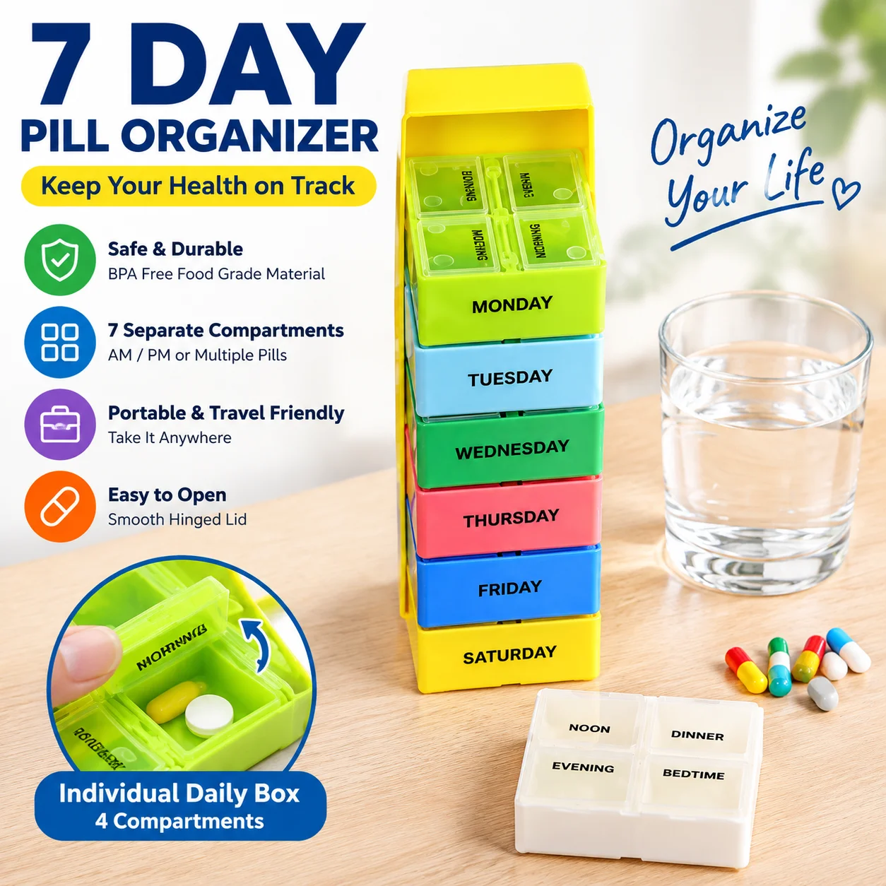 28 Compartment Pill Organizer 7 Day Weekly Rainbow Drawer Pill Box Rectangular Medicine Storage Case For Home Travel