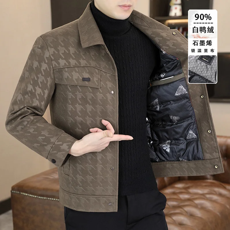 2023 Men's Lapel Casual Woolen Coat, Winter Warm Down Jacket, Jacket, Cold Jacket, 90% White Duck Plaid Overcoat Men Clothing