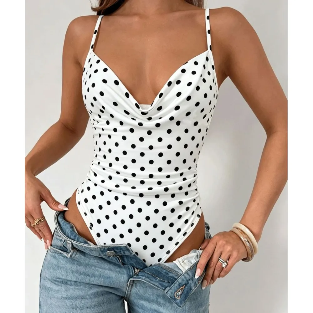 

New Sexy And Hot Girl Black White Polka Dot Halter Top Small Wavy Collar Slimming One-piece Jumpsuit For Women