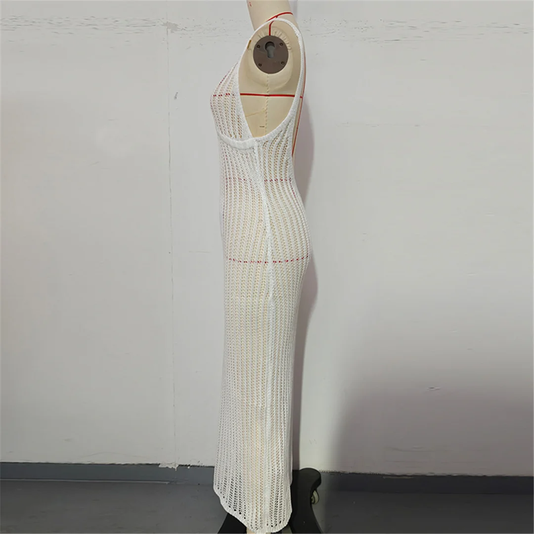 V-Ausschnitt, rückenfreies, ausgehöhltes, gehäkeltes, gestricktes Tunika-Strandkleid, Strandmode, Strandbekleidung, Strand-Cover-up, Damen, V7628 – Detail 15