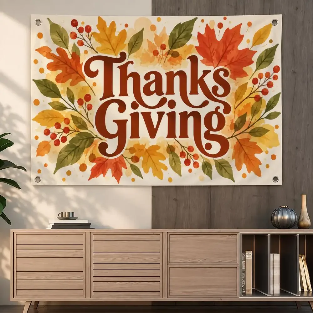 Thanksgiving Cute Hand Drawn Thanksgiving Slogan Pattern Flags Indoor Outdoor Wall Hanging Flag Decor Banner Wall Decor