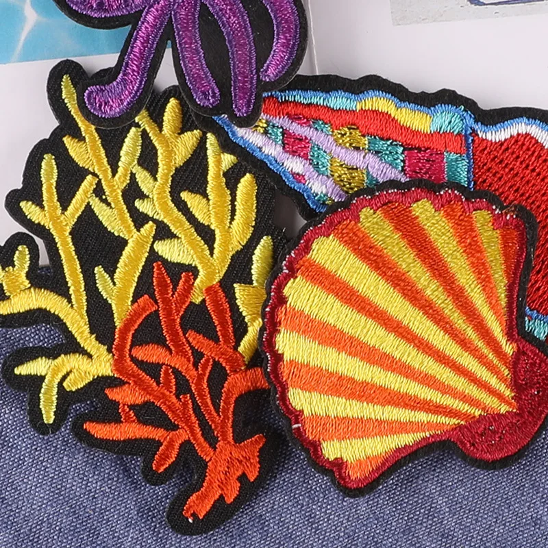 1 Piece of Shell and Coral Patch Clothing Decoration Badge Coat and Hat Hot Melt Glue Embroidered Cloth Fusible Clothing Patch