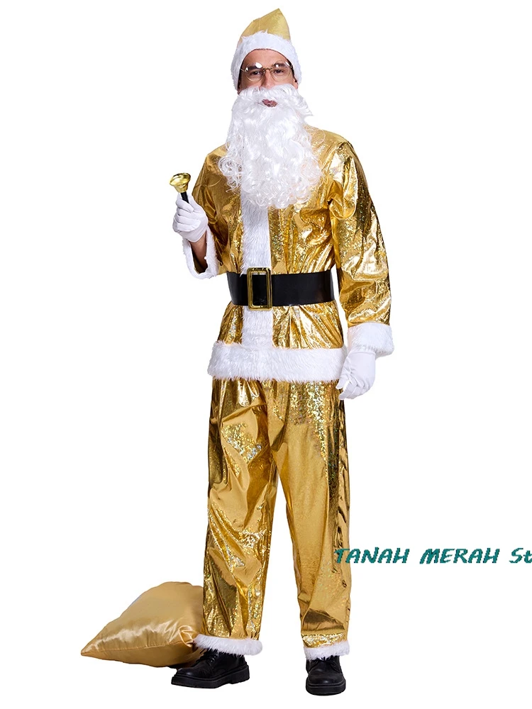 Gold Christmas Santa Claus Costume Men Gold Beard Top Cloth Pants Hat Belt Beard Halloween Dress Up Suit Cosplay Festival Outfit