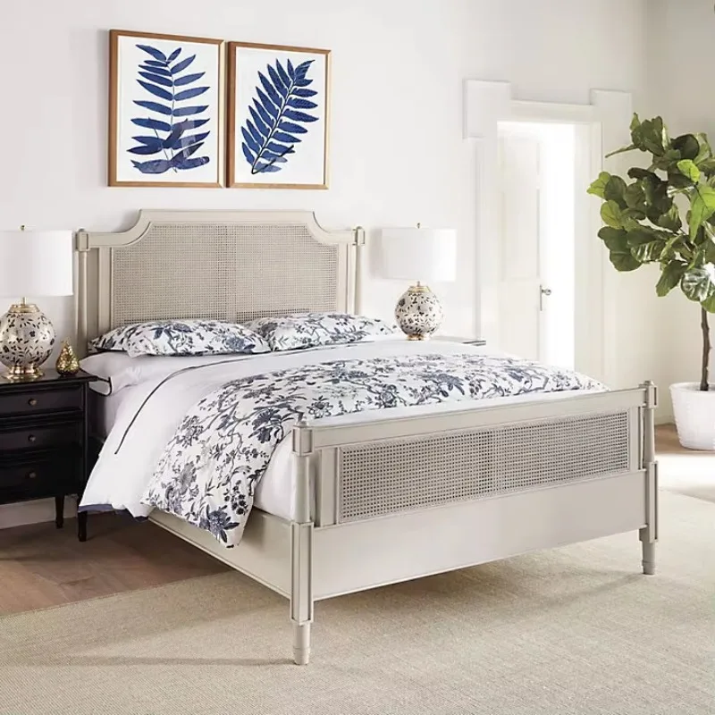 Solid wood rattan bed frame retro bedside board bed bedroom furniture queen wooden bed