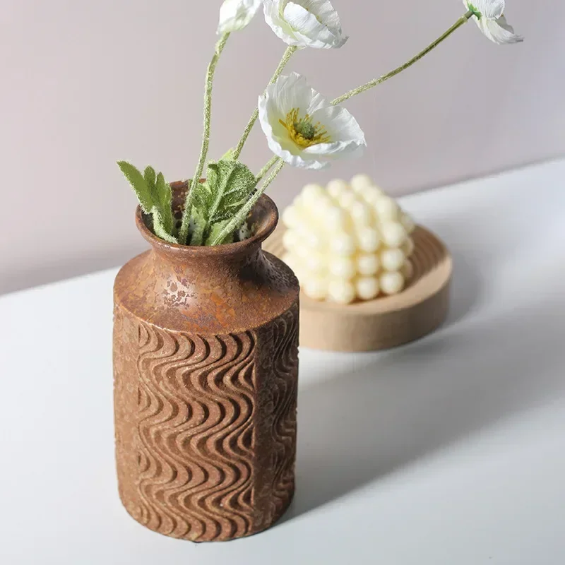 Creative ceramic vase knife carved wave pattern flower device retro home decoration art home accessories Chinese flower device