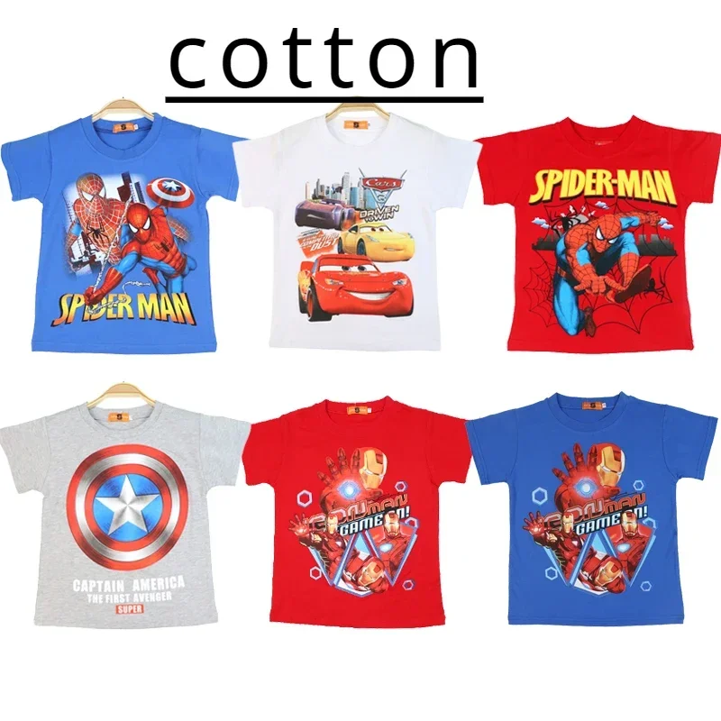 2024 Boy Cotton T-shirt Summer Short-sleeved Children's Cotton Teen Kids Clothes Spiderman McQueen Fashion 2-14 Year Tee Top