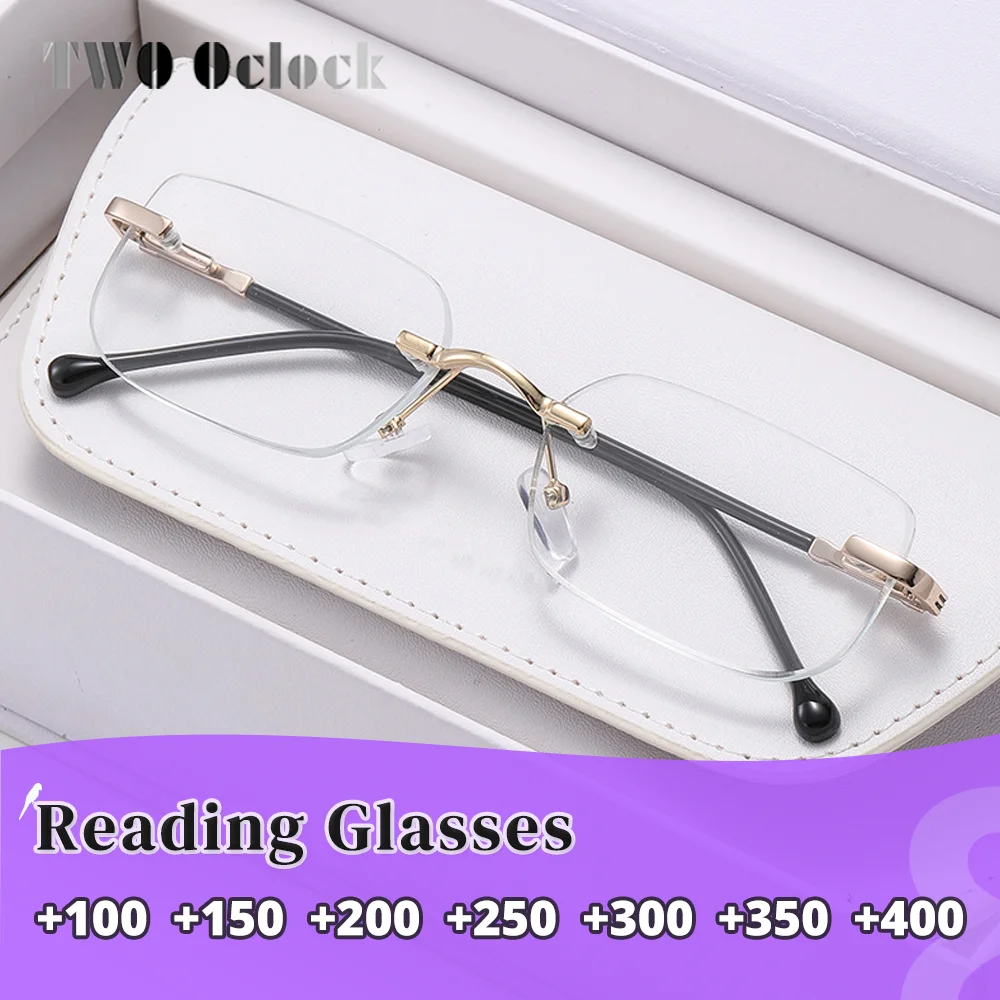 High Quality Crystal Glass Reading Glasses Women Men Scratch Resistant Anti Blue Light Glasses Rimless Metal Frame Graduation