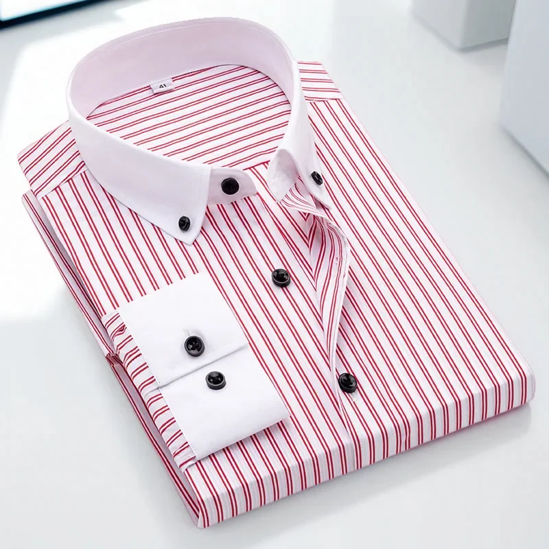 60S Cotton Men's Long Sleeved Shirt with Slim Fit and Patchwork Collar Red Stripes Business Fashion High-end Feel Men's Shirt