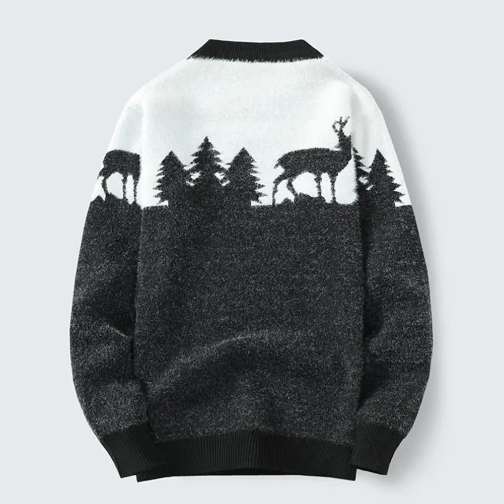 Winter Men Pullovers Elk Print Round Neck Sweater New Year Keep Warm Knitting Wear Loose Christmas Tree Pattern Autumn Sweater