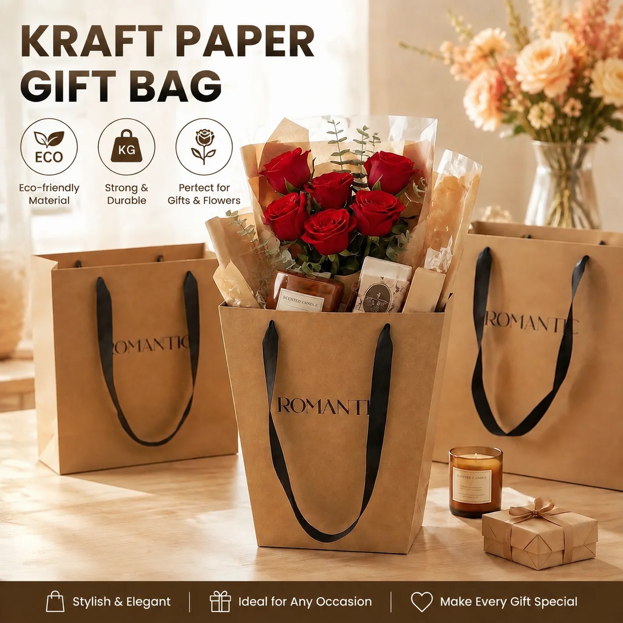 Kraft Paper Flower Carrying Bag Trapezoidal Bouquet Packaging Handbag Portable Gift Tote for Wedding Florist Supplies