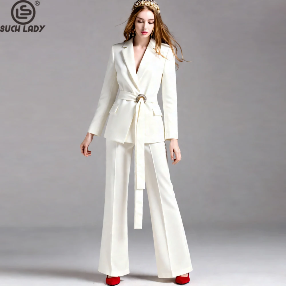 

Women's White Pants Suit Set, Long Sleeve Blazer with Decorative Buckle Belt & Wide Leg Trousers, Elegant Formal Work Sets