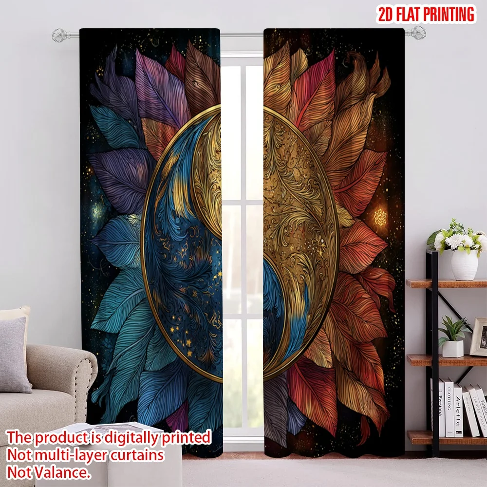 

2pcs 2D flat printing Scene Curtain Yin Yang Feathers Cosmic Digital Printed Polyester Drapes Holiday Decorations for Holiday