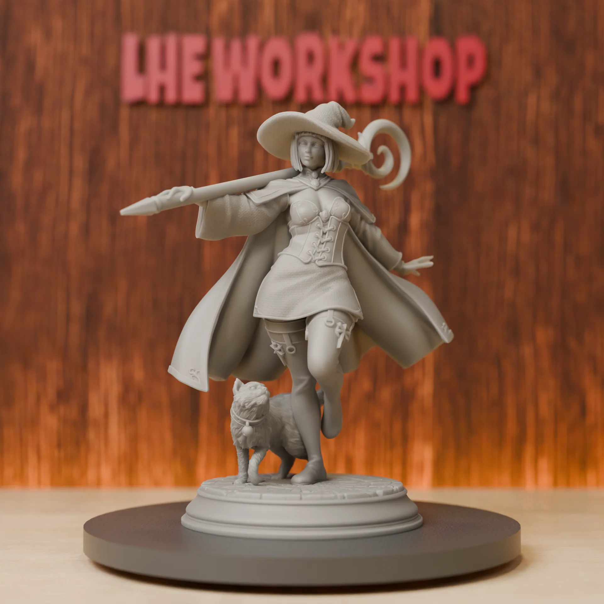 Miniatures de la sorcière et de son chat |   28mm-75mm |   Miniature Pathfinder DND imprimée en 3D en résine |   Gris non peint