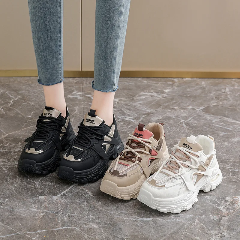 2026 Women's Spring Old Man Shoes for Students, Thick Bottom, Fitness Running, Heightening, Casual Street Style