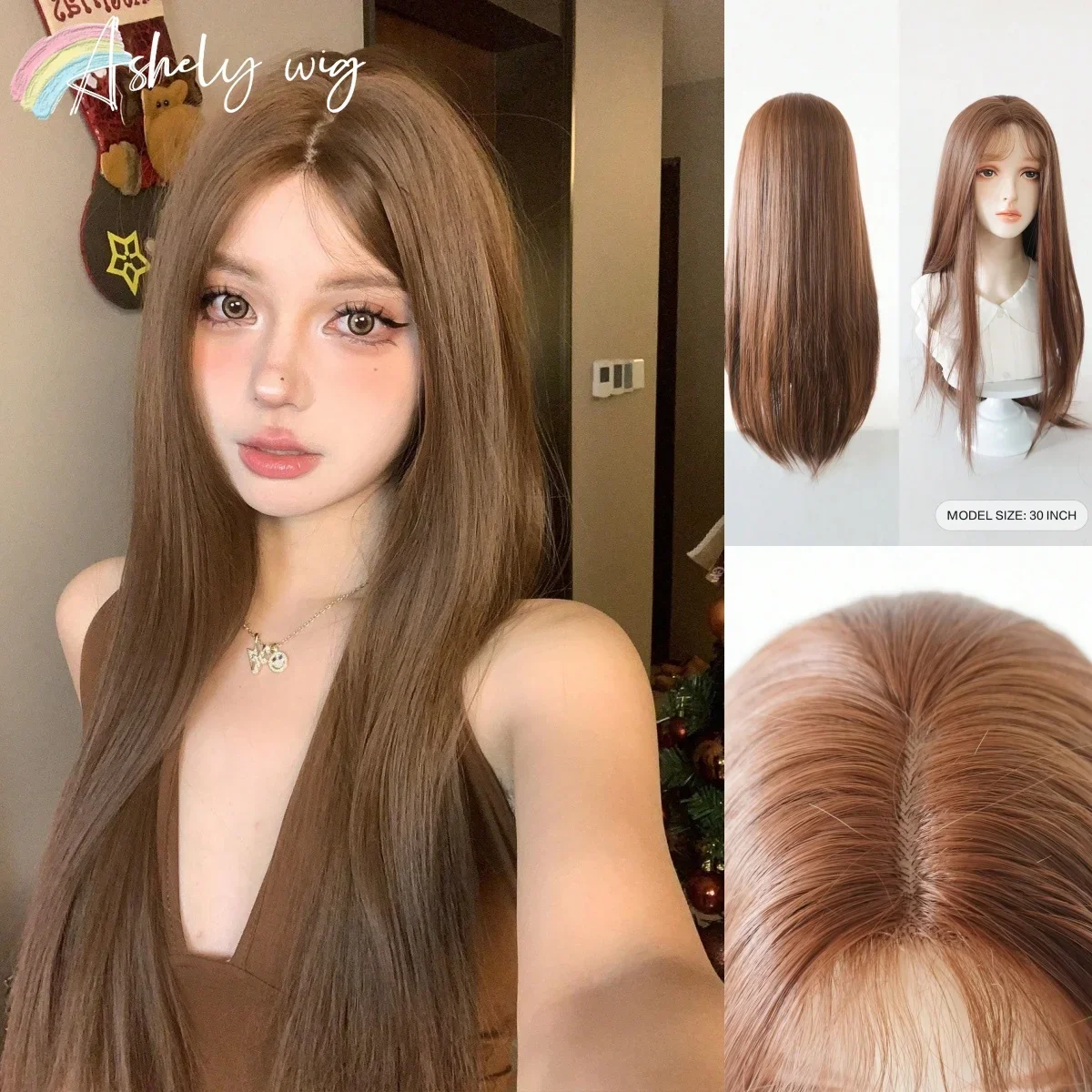 

Brown Wigs Long Straight Wigs for Women Center Split Wig with Slim Bangs for Various Scenes High Temperature Realistic Wig.