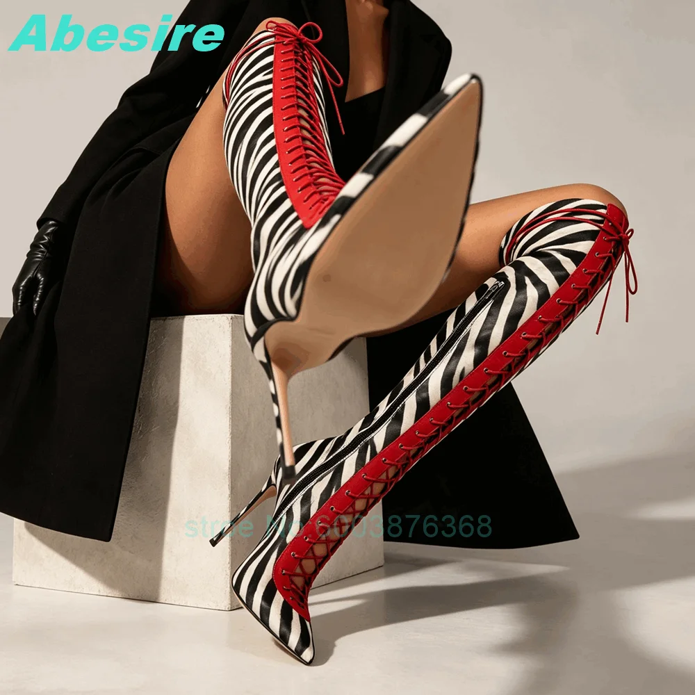 Y2K Zebra Print Red Lace Up Knee High Boots Pointed Toe Cross-Tied Stiletto Heel Women's Boots Sexy Party Fashion Show Shoes