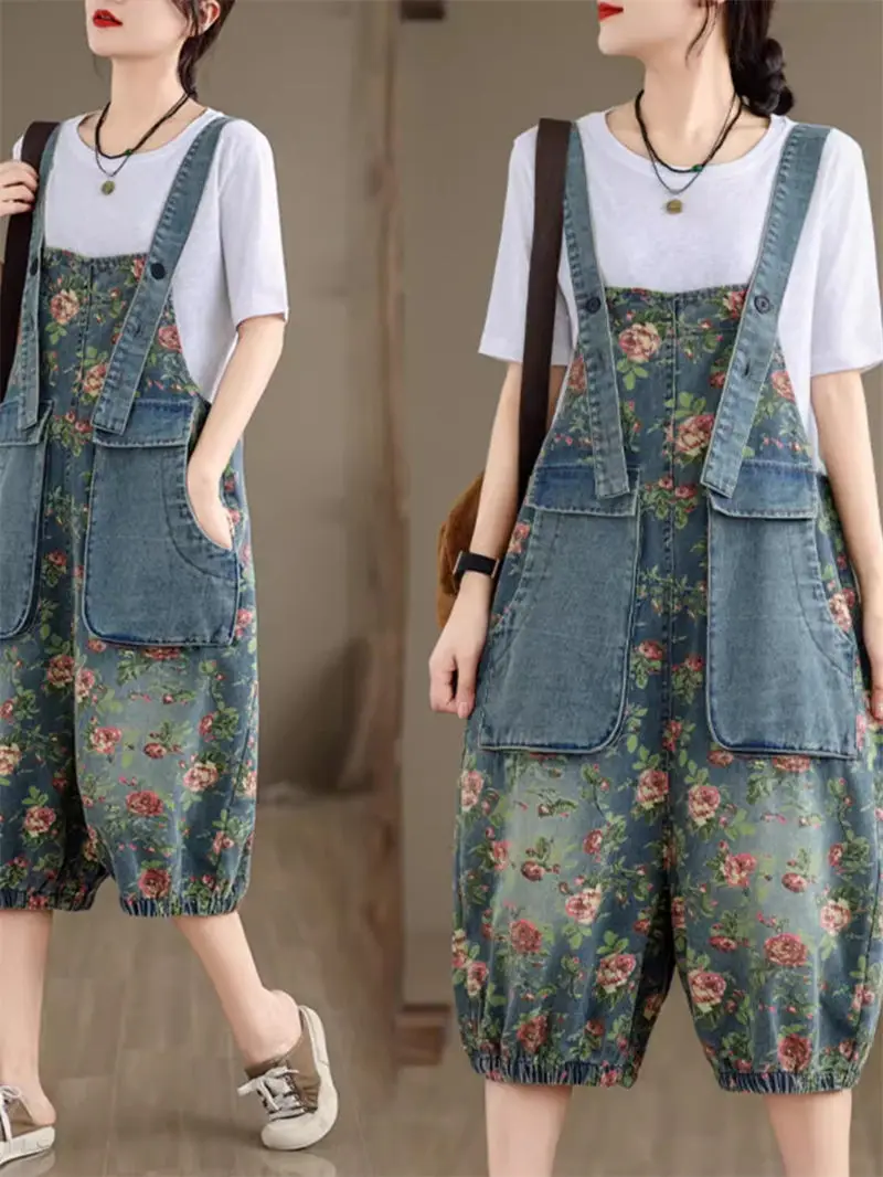 Jumpsuit Vintage motif, celana Jeans tali serbaguna kasual longgar musim panas 2024, temperamen Korea untuk wanita