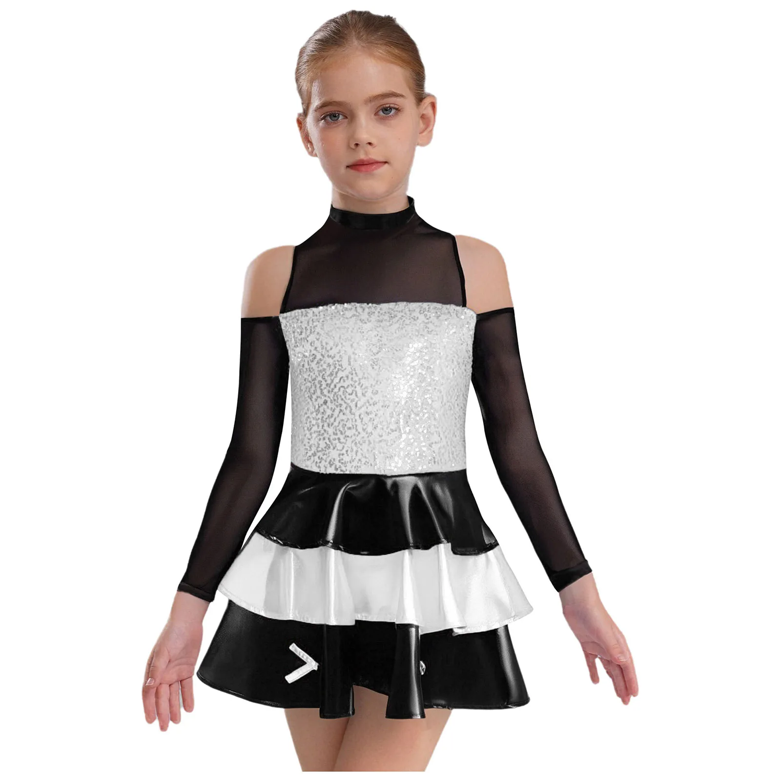 #6-16 Kids Girls Jazz Tango Dance Performance Costume Long Sleeve Cold Shoulder Shiny Tiered Ruffled Dress Jazz Stage Dancewear