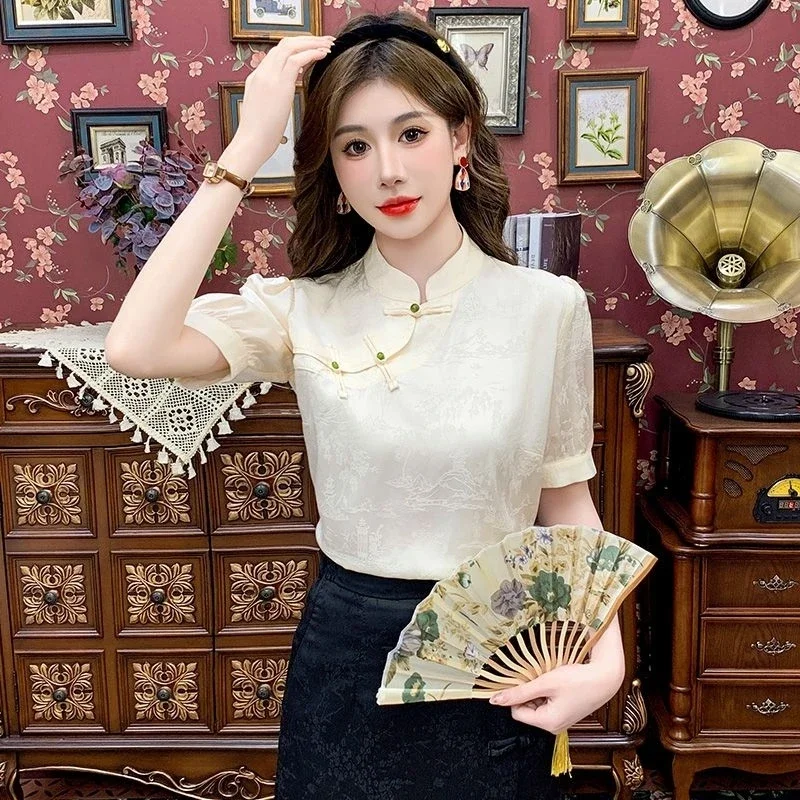 Women New Chinese Style Satin Jacquard Stand Collar Blouse Frog Buttons Short Sleeve Elegant Summer Tops