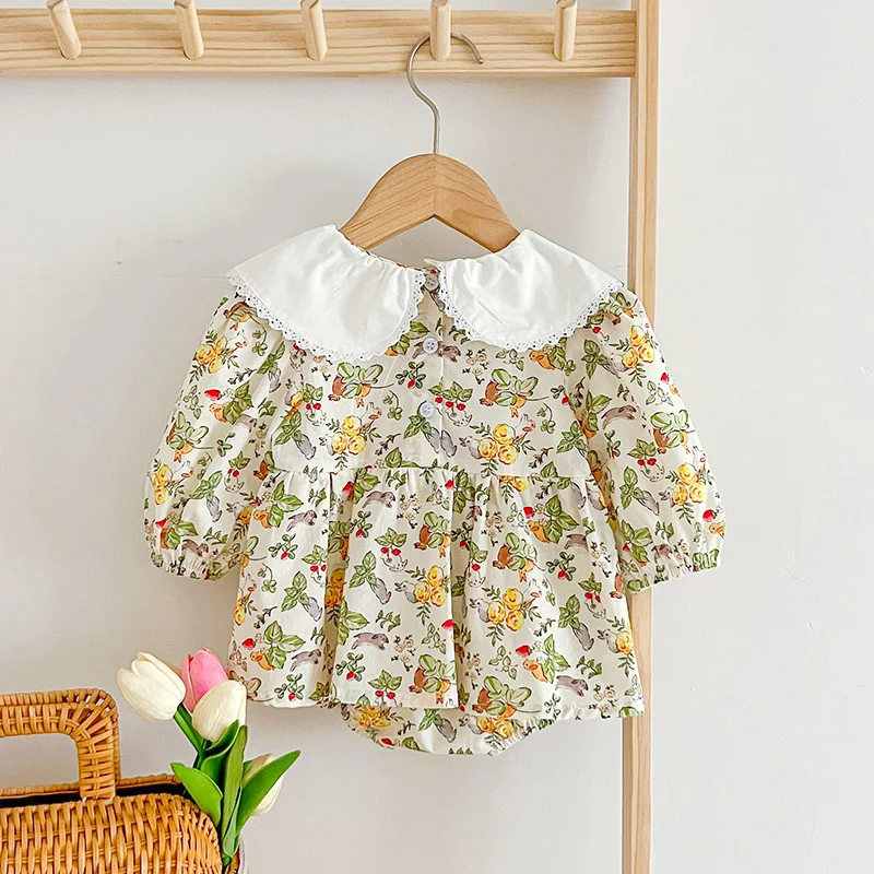 Autumn Girls Romper 0-24M Children Clothes Climbing Suit Long Sleeved Cotton Flower Print Toddler Baby Girl Romper Korean Style