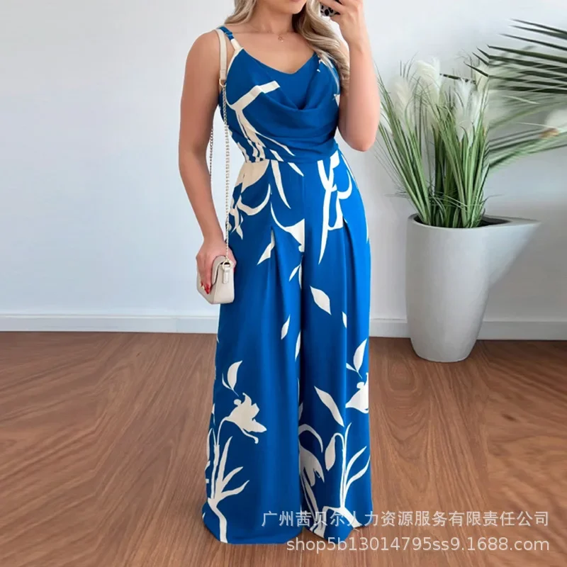 Tropical Print Sexy Swingneck Suspender Waist Wide Leg Jumpsuit for Women