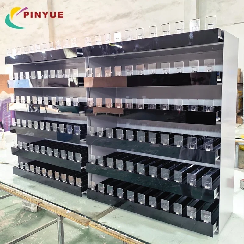 custom.Modern Metal Wall Mount Smoke Shop Display Rack Cigarettes and with Adjustable Shelves