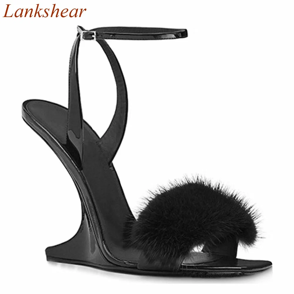 

Square Toe Strange Style Women Sandals Party Solid Black Fur Slingback Buckle Strap Fashion Sexy Women Shoes 2024 New Arrivals