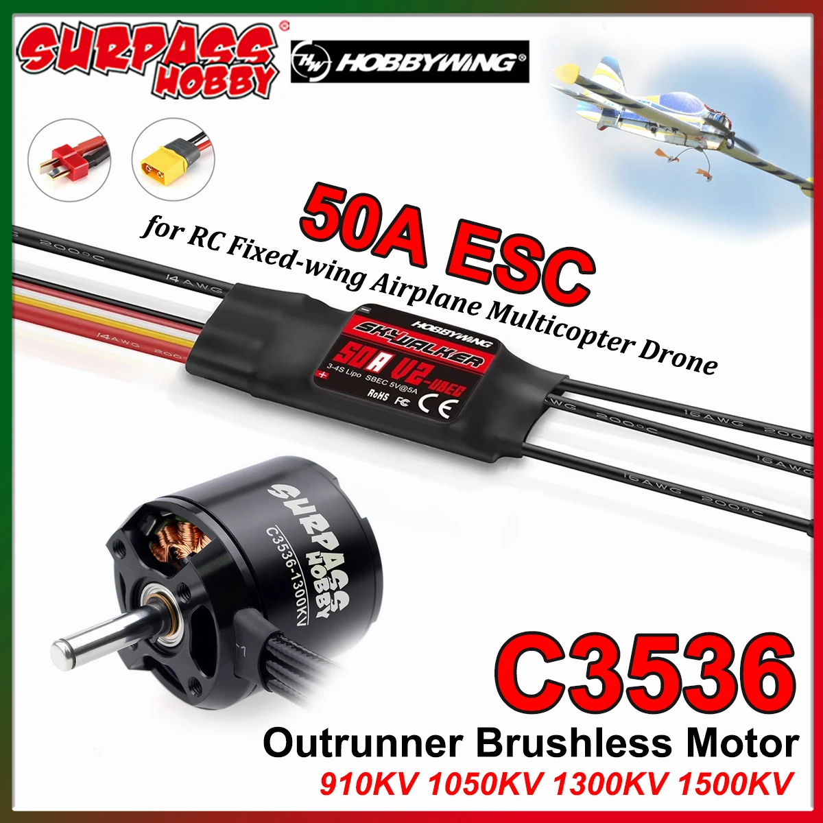 Motor Sin Escobillas SURPASS HOBBY 3536 910/1050/1300/1500KV, ESC Hobbywing 50A para Avión Multicóptero RC de Ala Fija