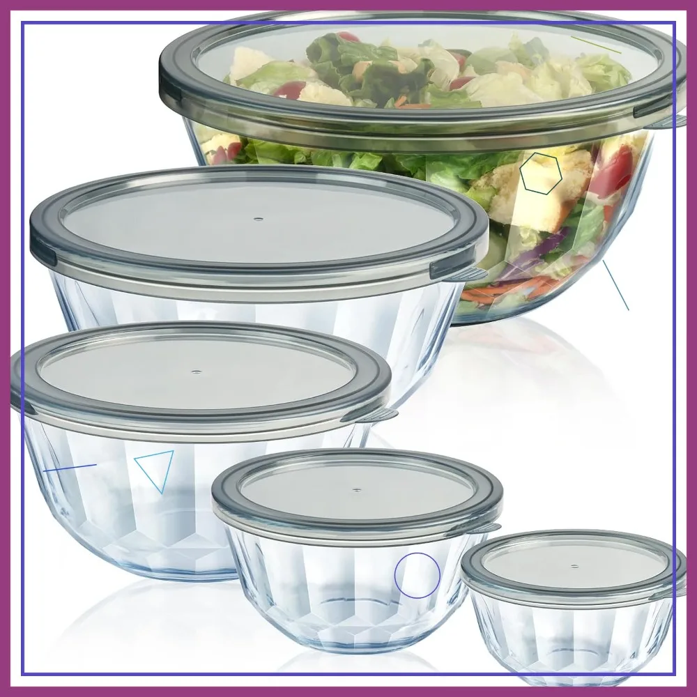 

Набор из 5 толстых стеклянных мисок с герметичными крышками, складывающиеся друг на друга, для выпечки и приготовления еды, без BPA, можно мыть в посудомоечной машине