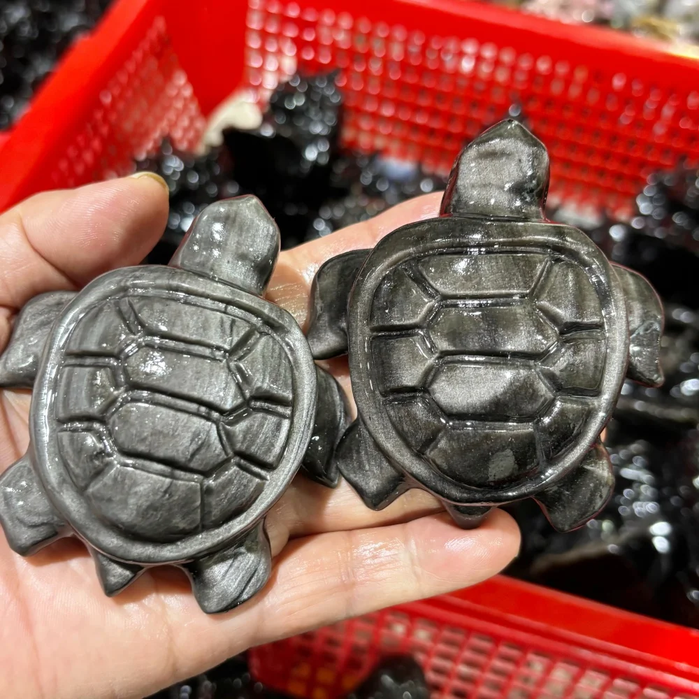 Natural Silver Sheen Obsidian Turtle Figurine Hand Carved Crystal Tortoise Statue Healing Energy Stone Home Desk Decor Gift