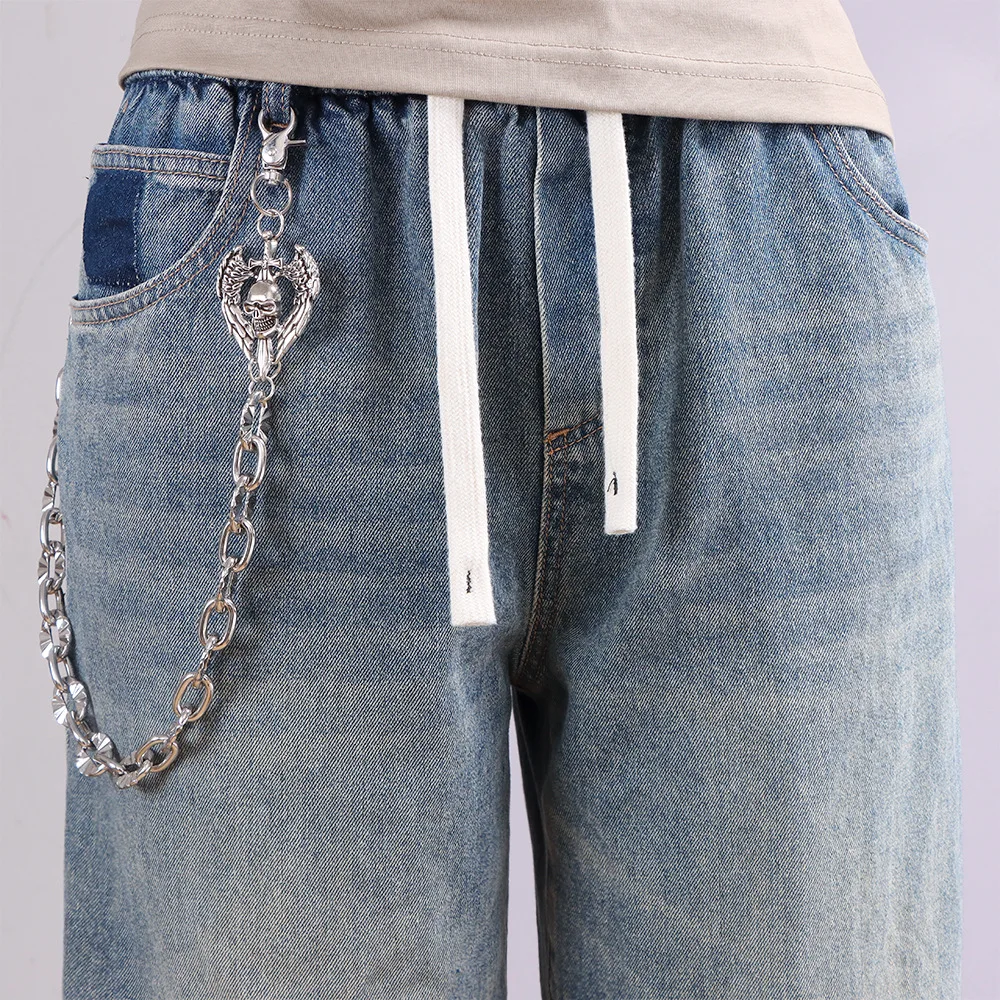 Punk Rock  Jeans Single layer Ghost Head Sunflower Pants ChainMetal Hip hop Wallet Pocket Keychains Men Fashion Accessories