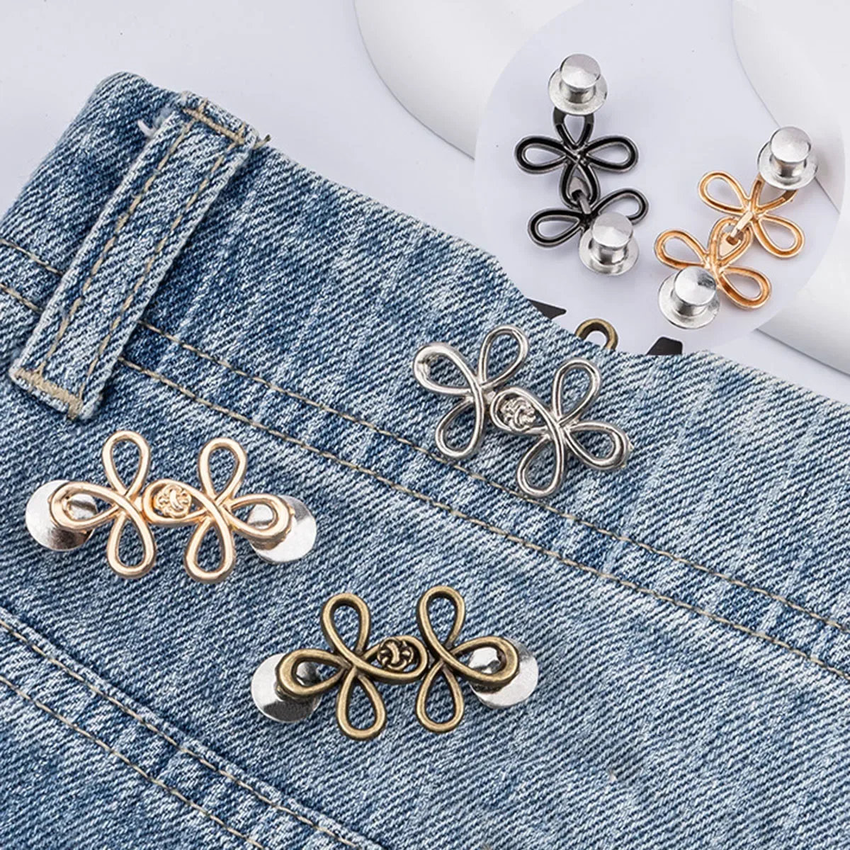 Kleeblatt-Taillenknopfverschluss, verstellbare Metall-Jeansknöpfe – Spanner für lockere Jeans, sofort anwendbar ohne Nähen für Denim-Hosen – Detail 14