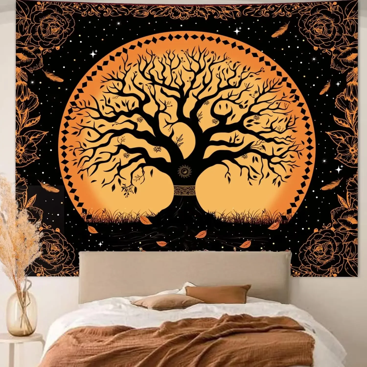 Tree of Life Vintage Tapestry for Bedroom Aesthetic,Boho Moon Floral Stars Wall Hanging, Hippie Black and Orange Nature Withered