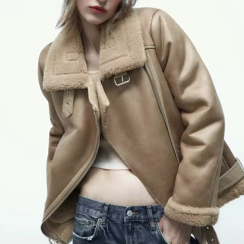 

Double-Sided Leather-and-Fur Inteated Long-Sve Stand-Collar Jaet Street Sle Spring 2025 Women's Outerwear Z