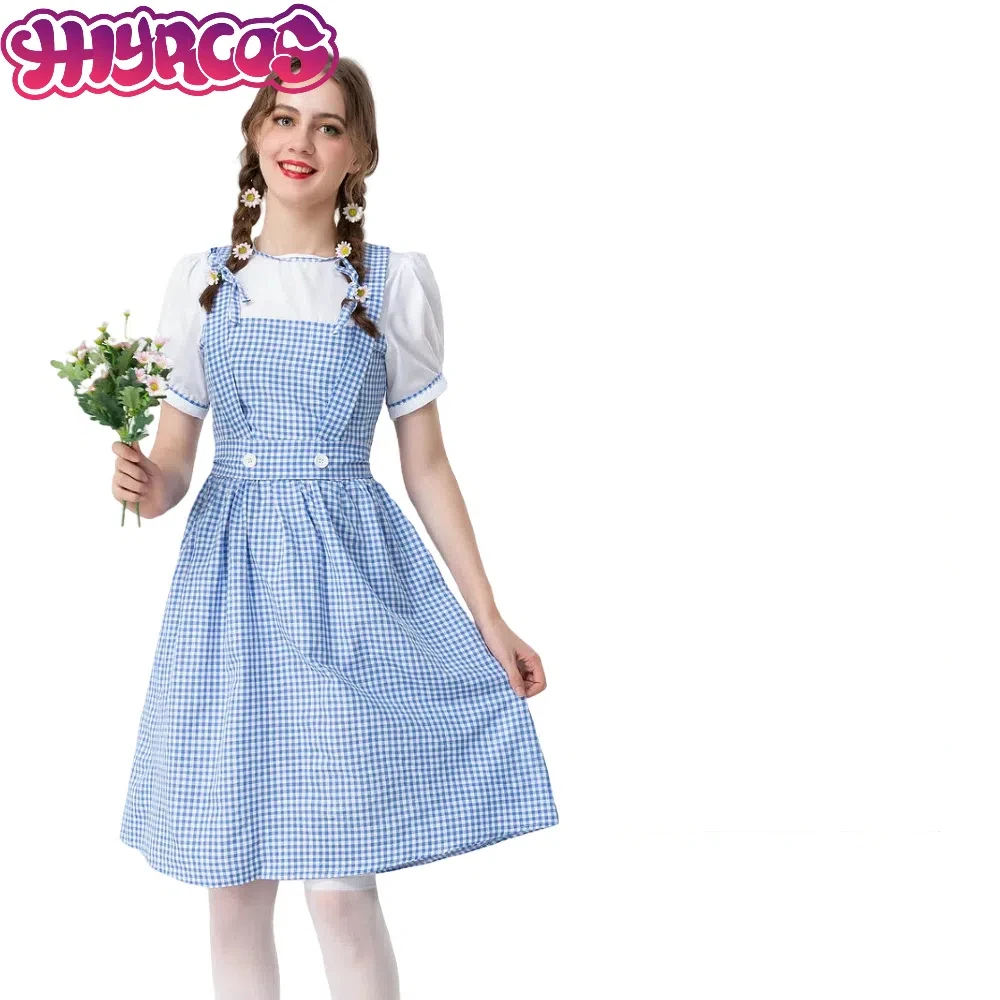 Dorothy Gale Cosplay CostumeTraditional Alice Blue Plaid For Dorothy Wizard Oktoberfest Dirndl Dress Costume Halloween Party