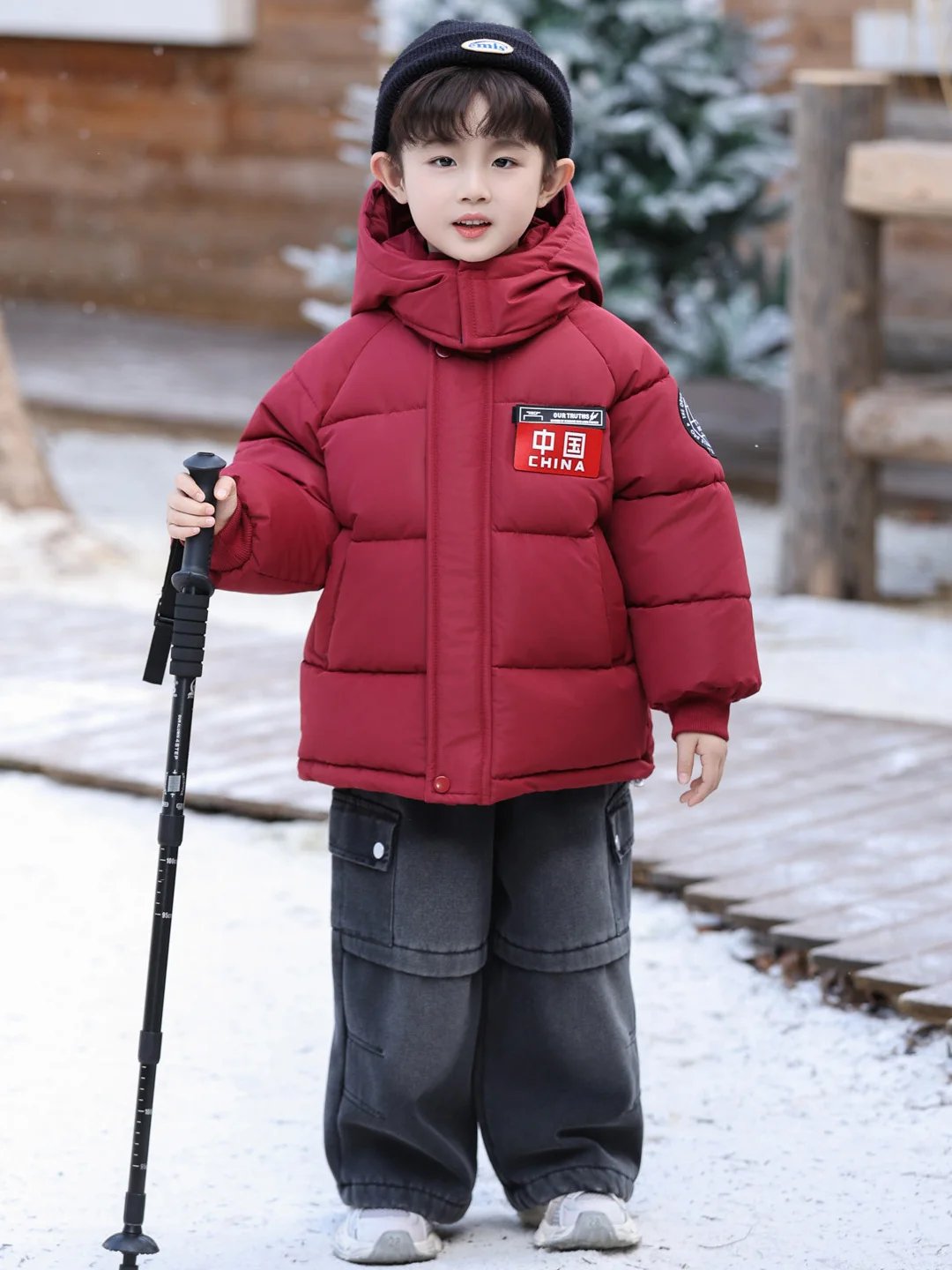 

Красная хлопковая куртка для мальчиков: утепленное зимнее пальто с капюшоном, теплые длинные рукава, застежка-молния, повседневная одежда для подростков