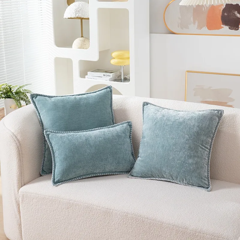 Solid Color Blue Chenille Throw Pillow Case Luxury Lumbar Pillowcase for Bed Sofa Couch Cushion Cover with Stitched Edge Home