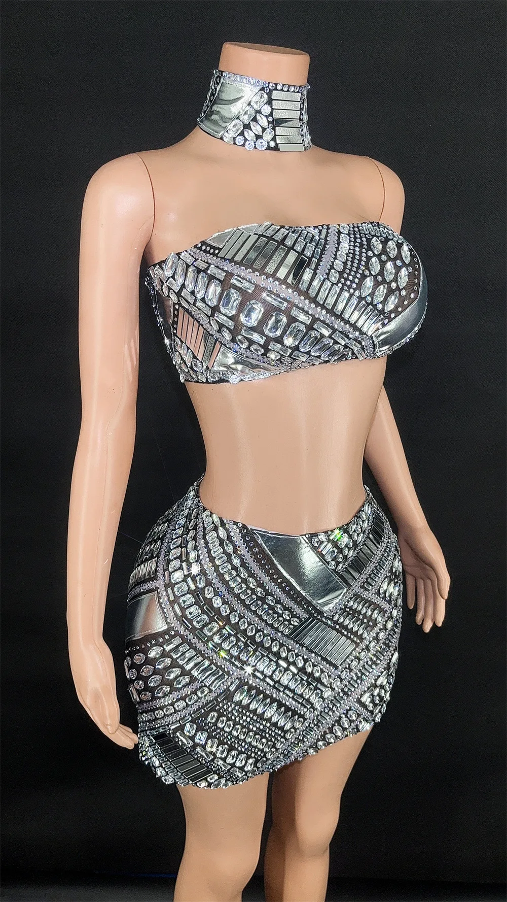 Flashing Rhinestones Sliver Sexy Printing Strapless Mini Tops Sheath Two-Pieces Evening Party Celebrate Performance Costume Suit