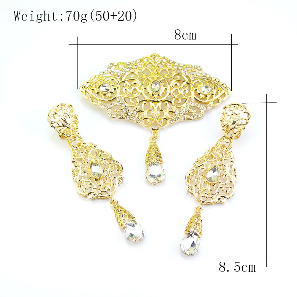 Sunspicems Gold Color Moroccan Jewelry Women Caftan Brooch Pins Drop Earring Crystal Arabian Bridal Bijoux Eardrop Broches Set