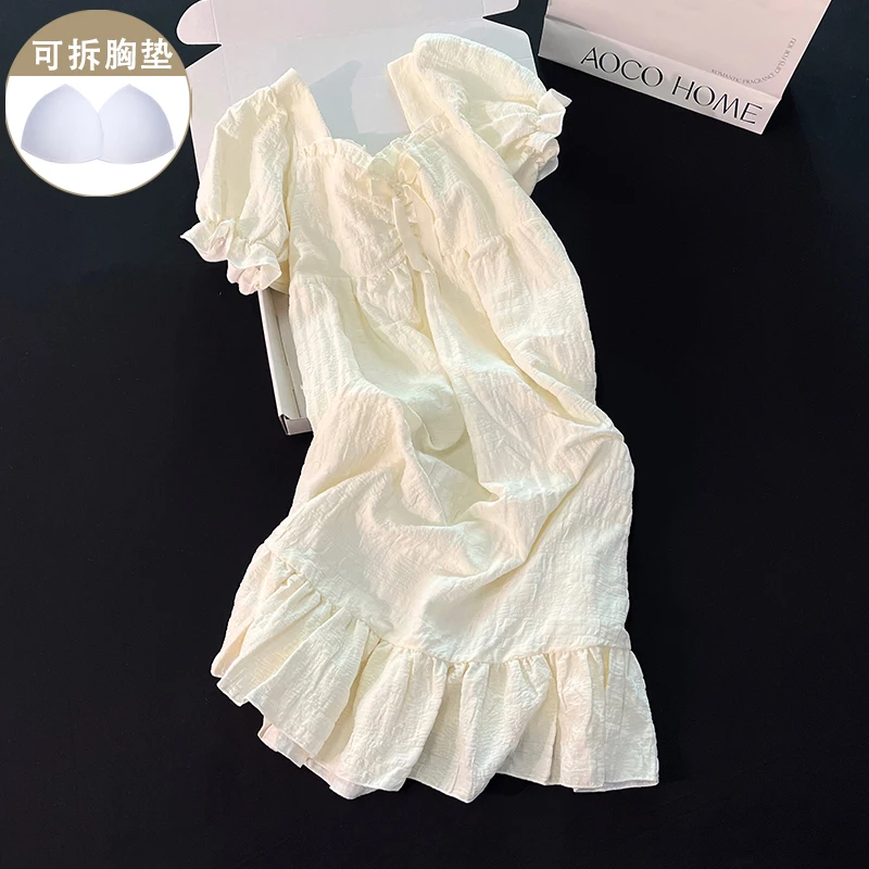

DAIMELU short-sleeved nightdress women's summer with chest pad pure cotton medium and long pajamas sweet dress loose Nightgown