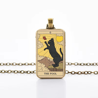 Cute Cat Tarot Card Necklace Vintage Antique Gold Plated Rectangle Glass Pendant Necklace Animal Divination Jewelry