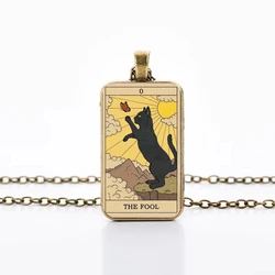 Cute Cat Tarot Card Necklace Vintage Antique Gold Plated Rectangle Glass Pendant Necklace Animal Divination Jewelry