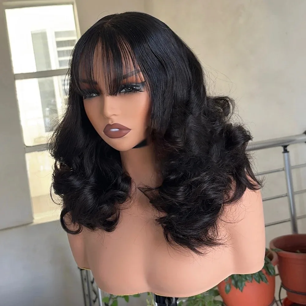 Short Body Wave Lace Fornt Wig With Bangs 13x4 HD Glueless Pre Plucked Daily Synthetic Middle Part Heat Resistant for Women