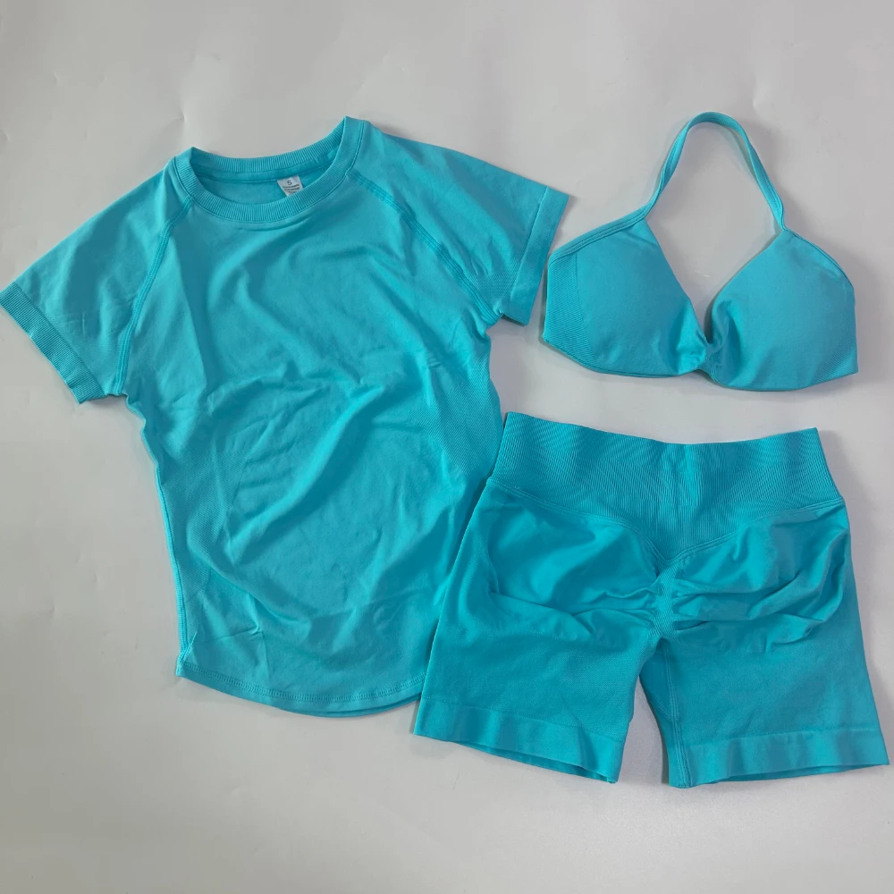 3-teiliges Workout-Set für Damen: Sport-BH mit Trägern + Sport-Top mit langen Ärmeln + Yoga-Shorts, Sportanzug, Yoga-Kleidung, Fitness-Outfit – Detail 19